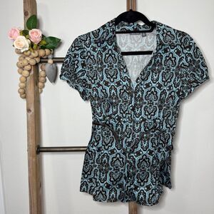 Apt 9 Blue Brown Medallion Print Short Sleeve Belted Tunic Top Size Medium